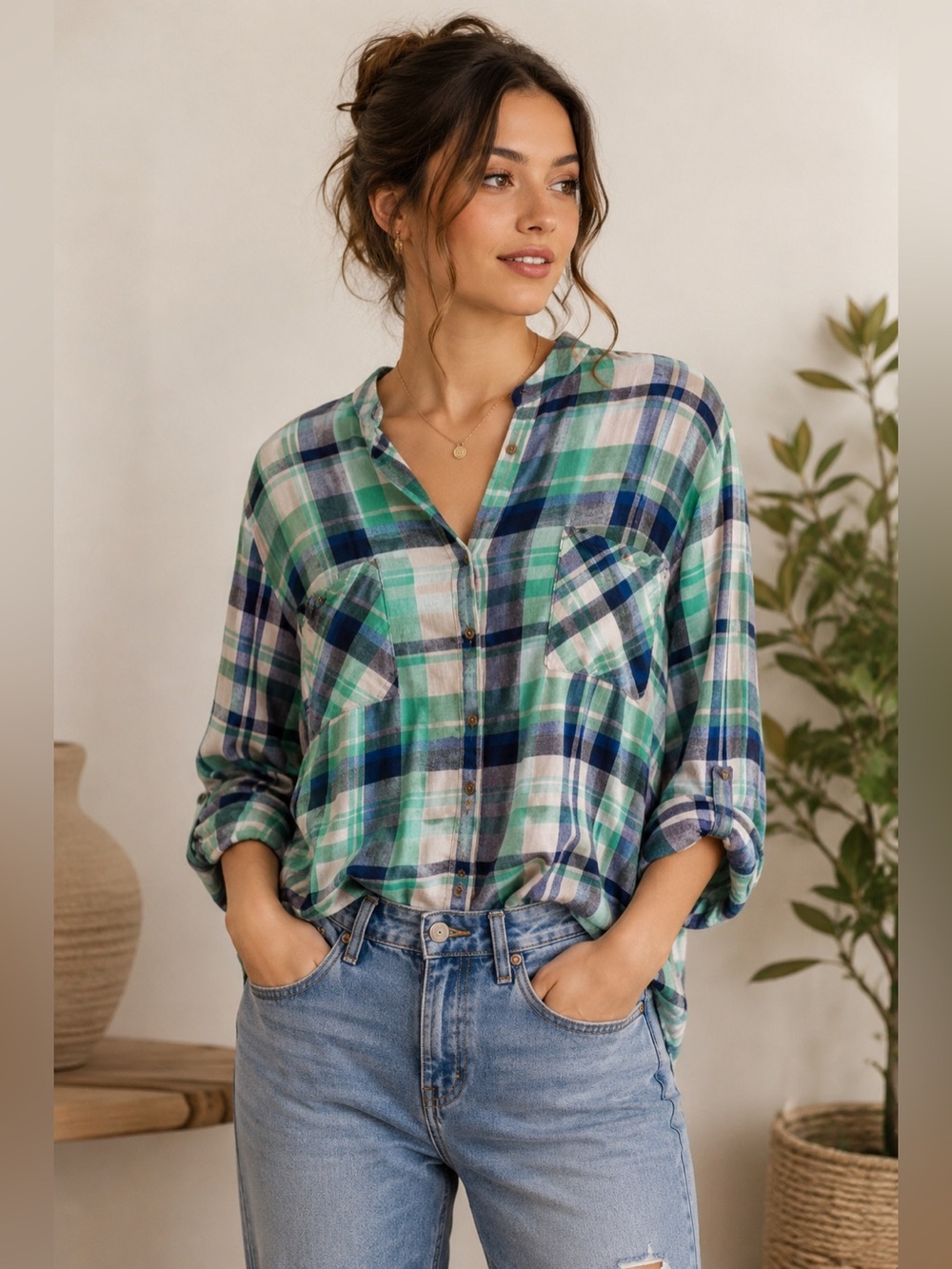 Ambiance Plaid Button Front Roll Tab Shirt Mint‎ Blue White Small